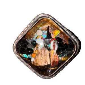 Vintage Art Deco 1924 England Silver Inlay Hand Painted Dutch Couple Pin Brooch